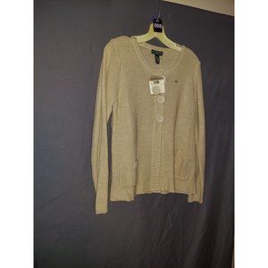 Slight Shimmer Gold open down the front Sweater NWT (size Petite Large )